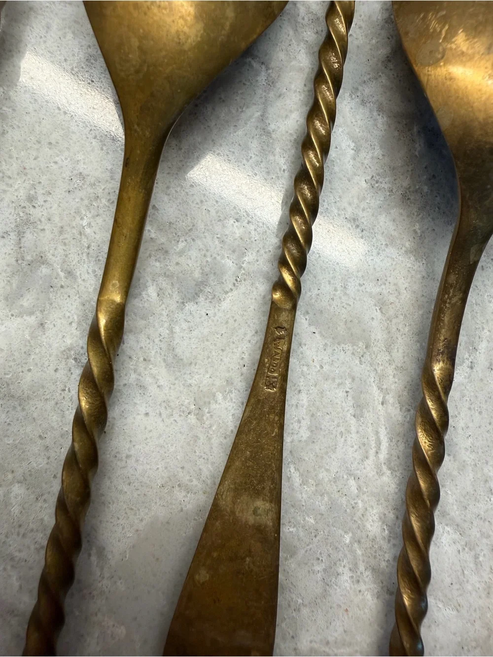 Waldo HE Brass Copper tone finish Cocktail Twist Spiral 8 Spoons Vintage Antique